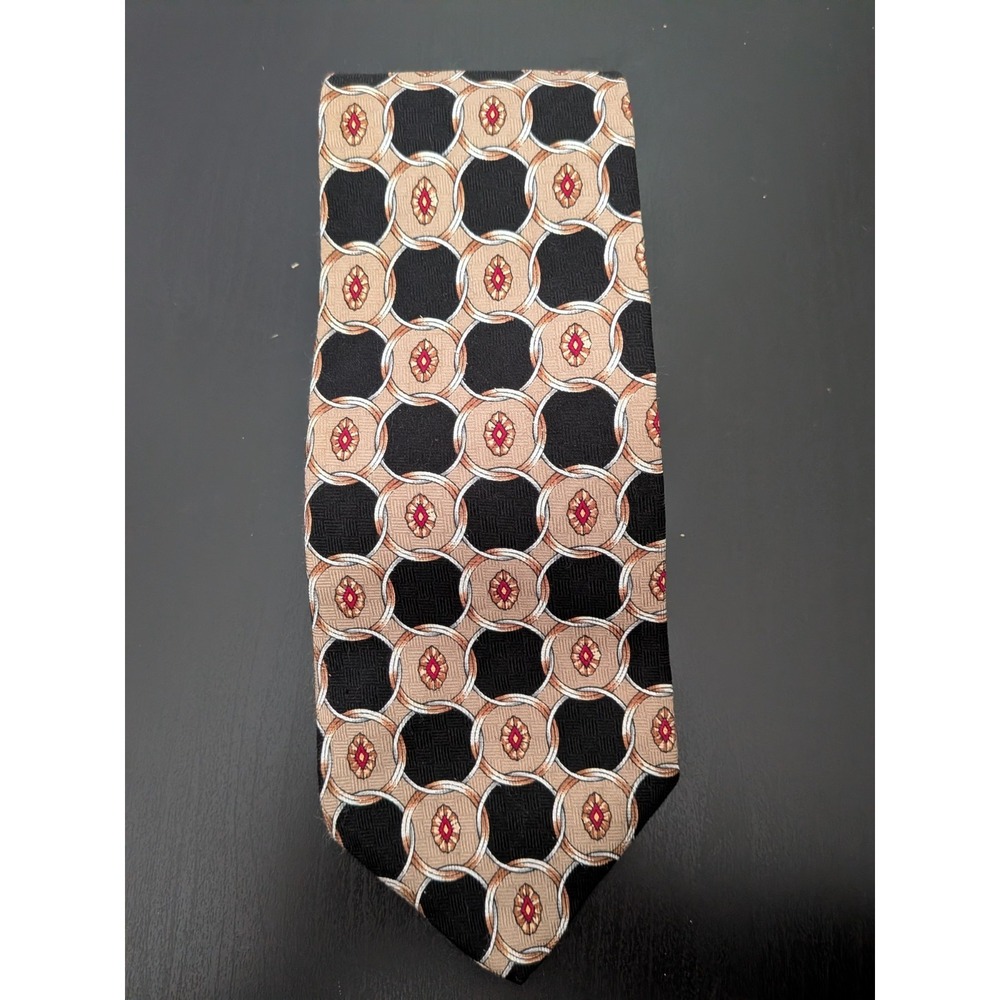 Clubfellow Silk Tie‎ 58" Abstract Circles Black Beige Medallion USA Made